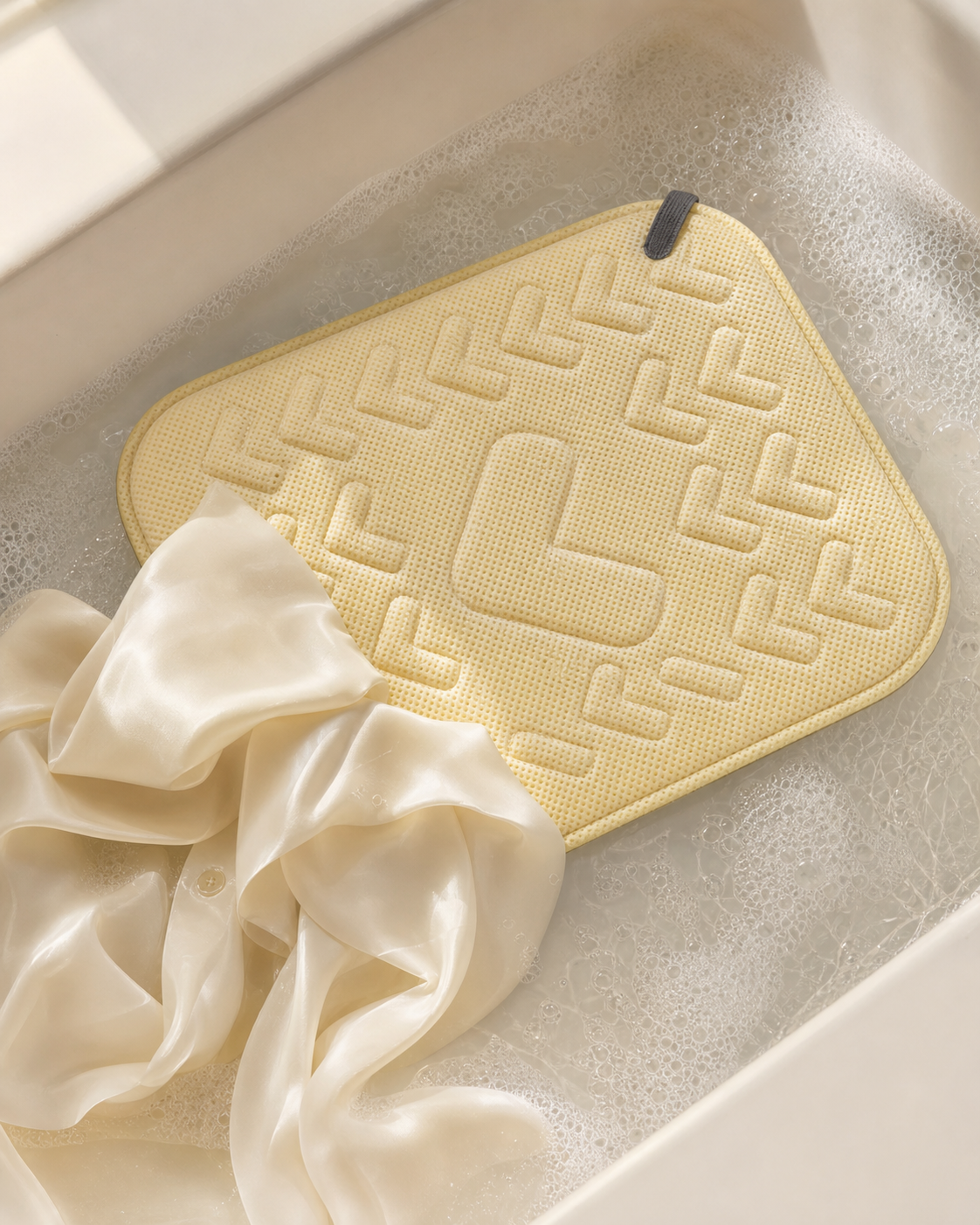 LavinWash MotionPad with Signature L-Grip and a silk garment in a wash basin